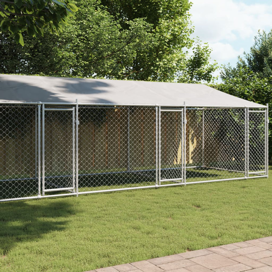 Hondenhok Met Dak En Deuren Gegalvaniseerd Staal Grijs 8 x 2 x 2 m 3 deuren
