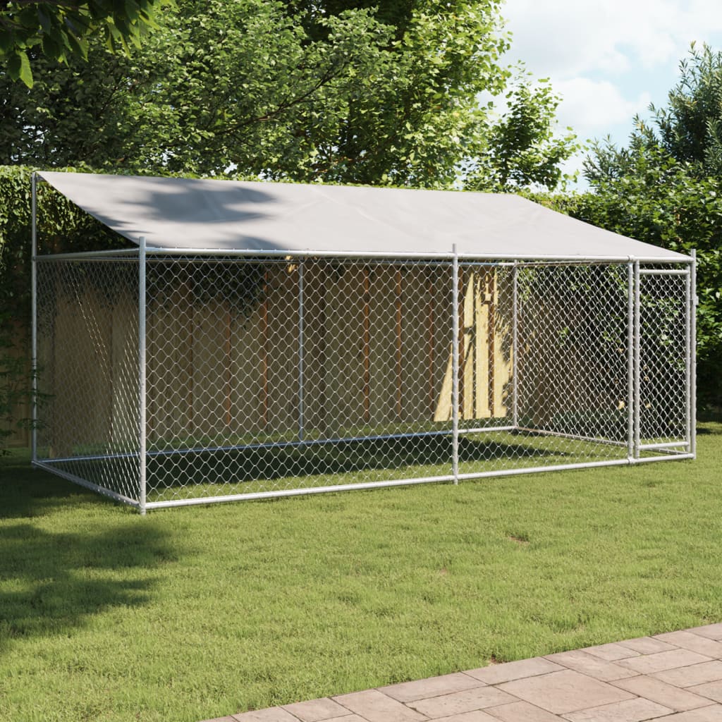 Hondenhok Met Dak En Deur Gegalvaniseerd Staal Grijs 4 x 2 x 2 m 1 deur