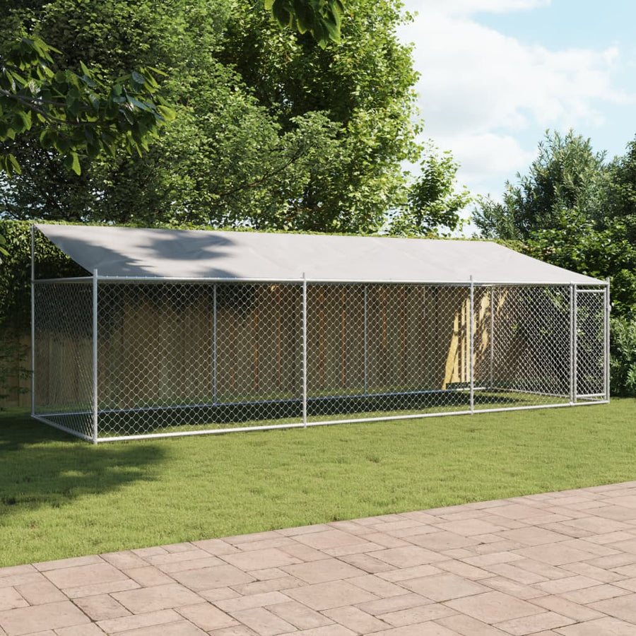 Hondenhok Met Dak En Deur Gegalvaniseerd Staal Grijs 6 x 2 x 2 m 1 deur