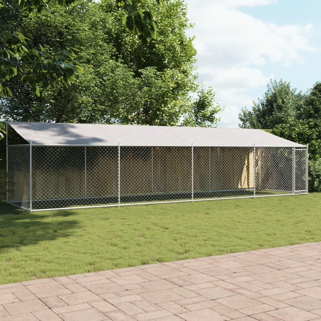 Hondenhok Met Dak En Deur Gegalvaniseerd Staal Grijs 8 x 2 x 2 m 1 deur