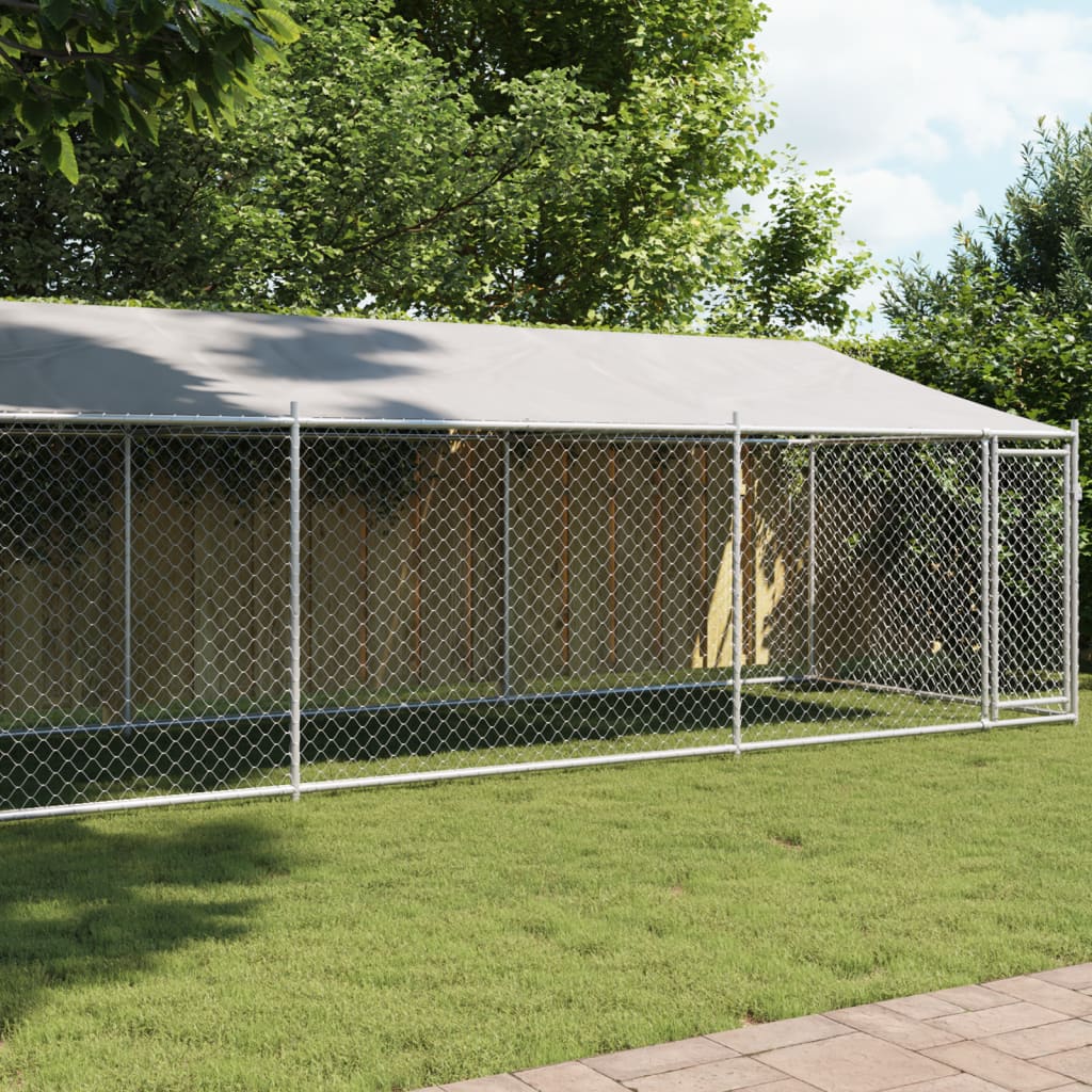 Hondenhok Met Dak En Deur Gegalvaniseerd Staal Grijs 8 x 2 x 2 m 1 deur