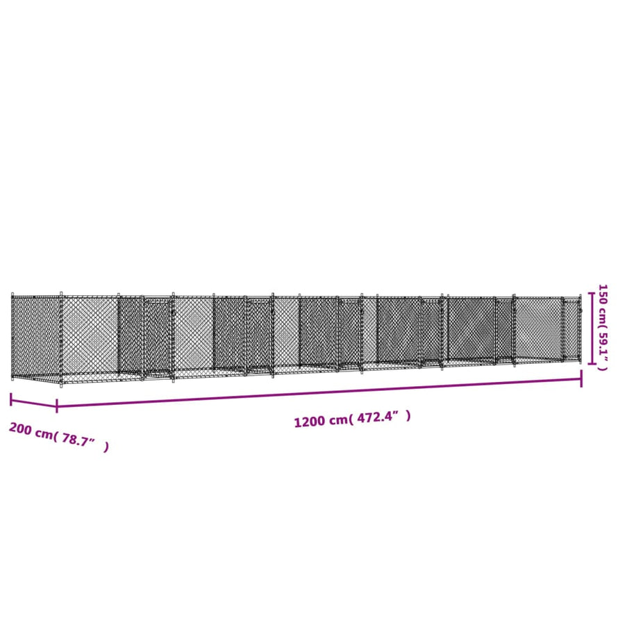 Hondenhok Met Deuren 12X2X1,5 M Gegalvaniseerd Staal Grijs 12 x 2 x 1.5 m 4 deuren