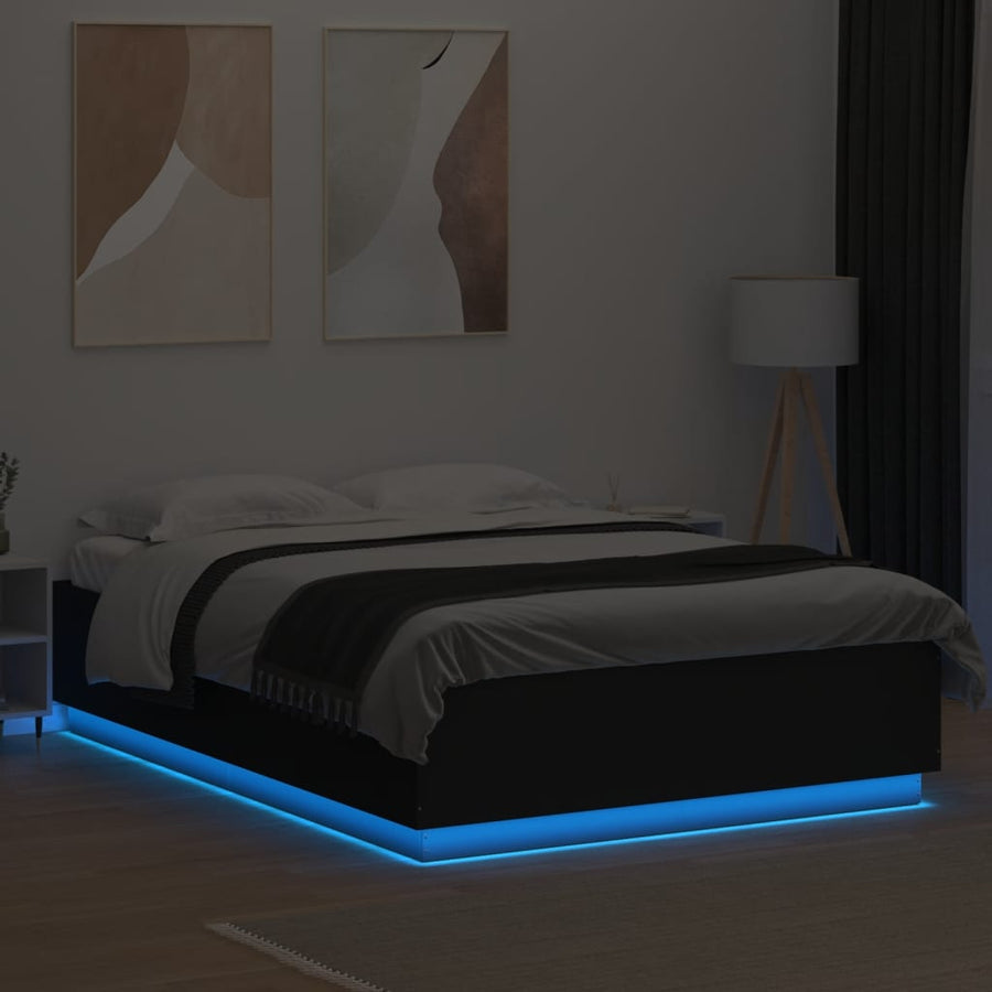 Bedframe Met Led-Verlichting Bewerkt Hout Zwart 150X200 Cm Donkerbruin