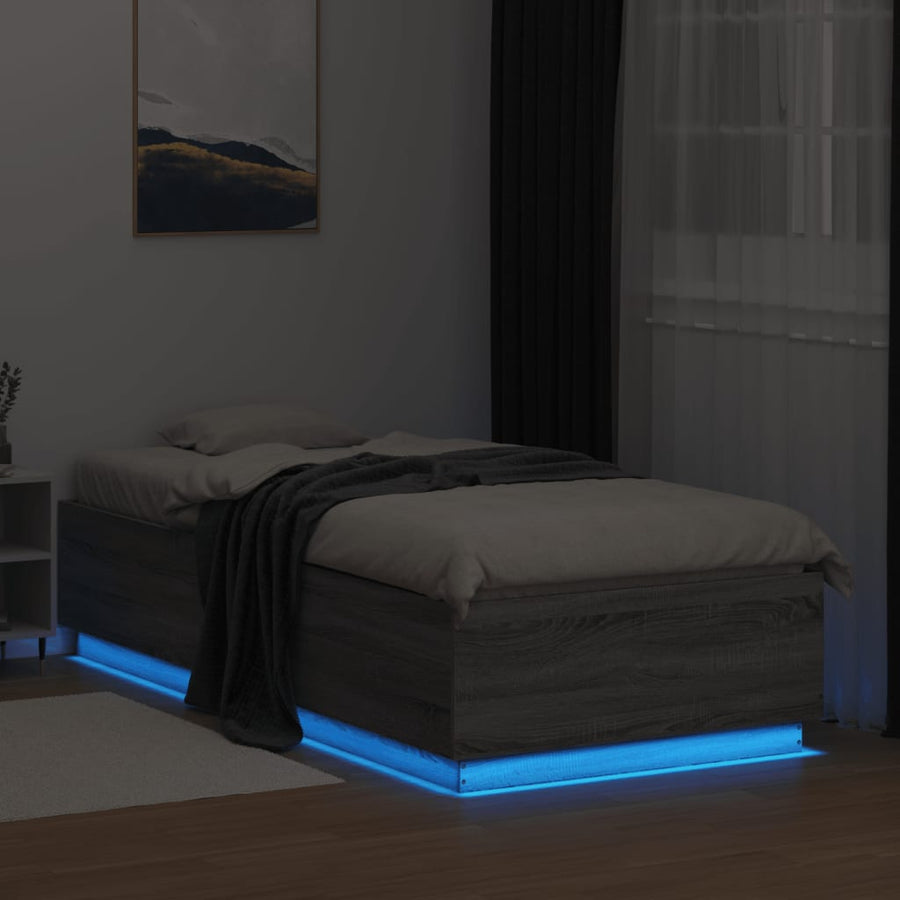 Bedframe Met Led-Verlichting Grijs Sonoma Eikenkleurig 90X200Cm Donkerbruin