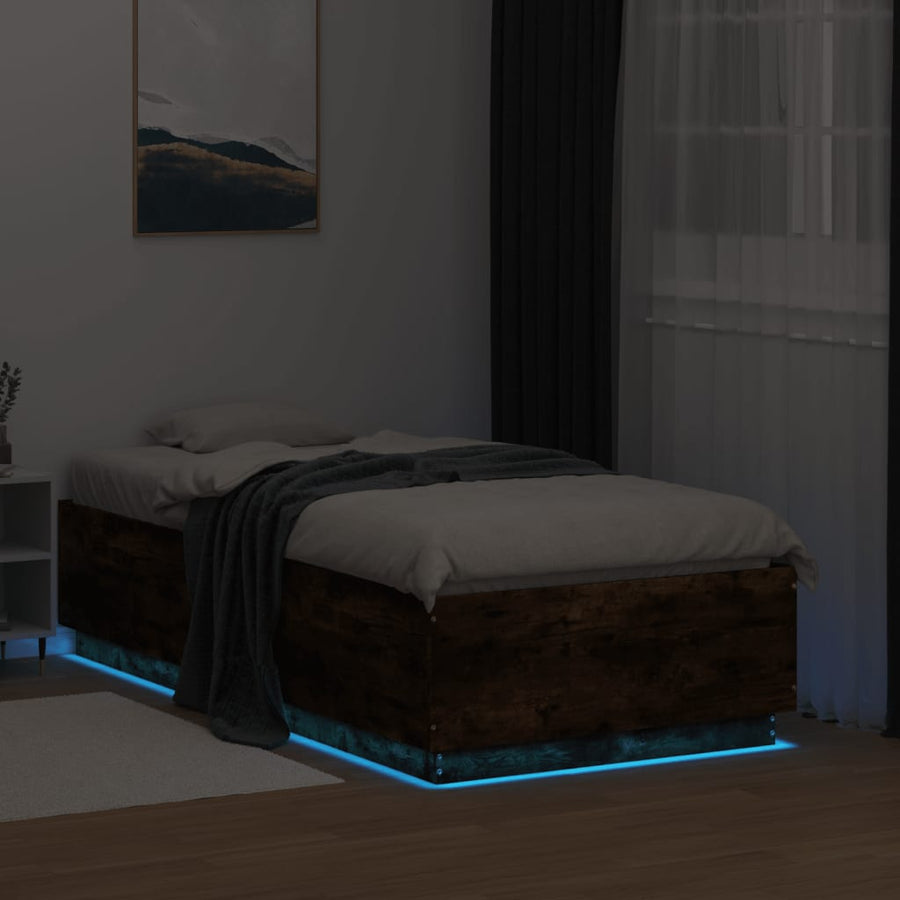 Bedframe LED-verlichting bewerkt hout gerookt eiken 75x190 cm