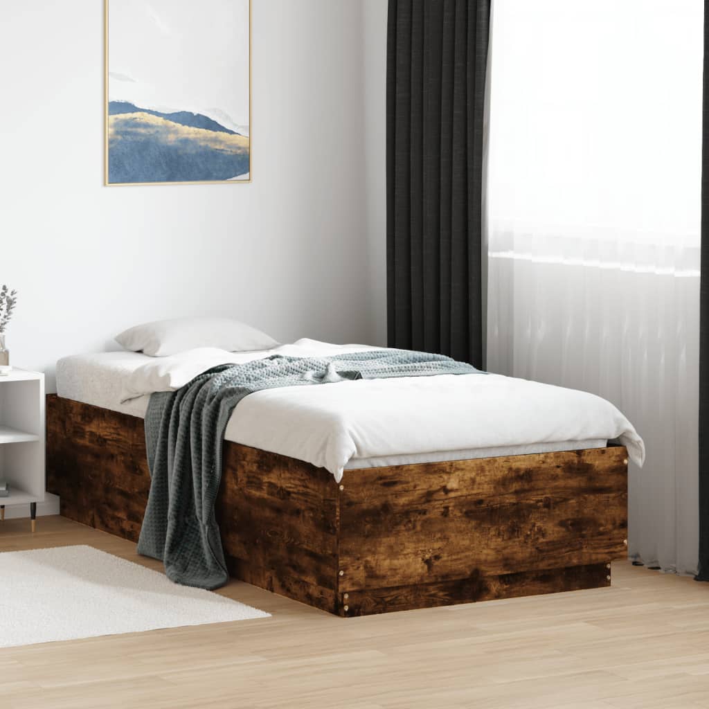 Bedframe LED-verlichting bewerkt hout gerookt eiken 75x190 cm