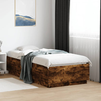 Bedframe LED-verlichting bewerkt hout gerookt eiken 75x190 cm