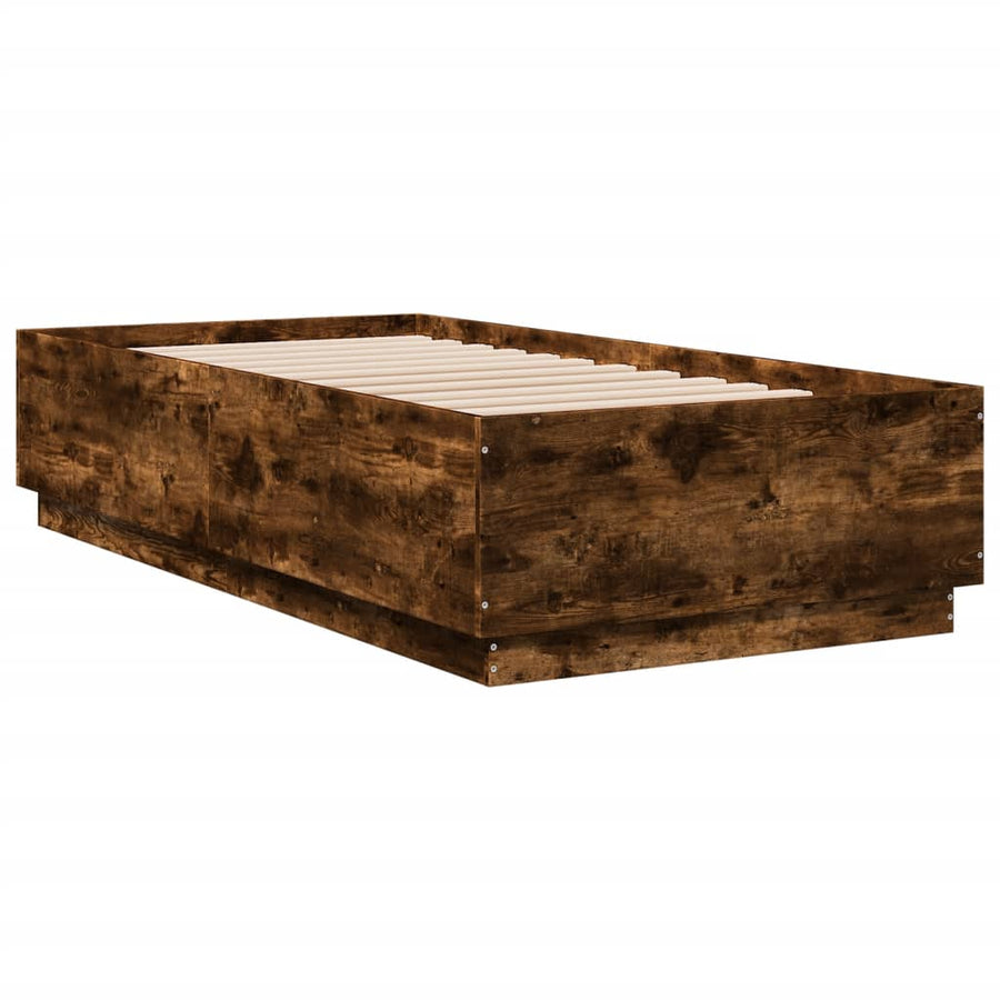 Bedframe LED-verlichting bewerkt hout gerookt eiken 75x190 cm