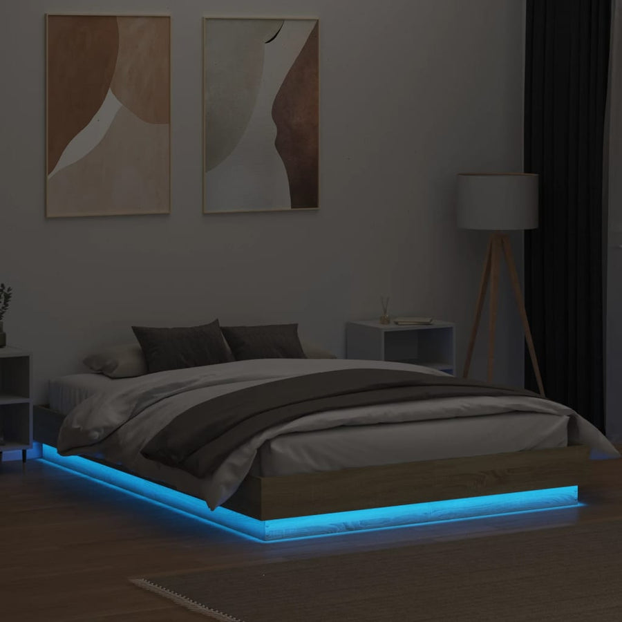 Bedframe Met Led-Verlichting Sonoma Eikenkleurig 150X200 Cm Blauw