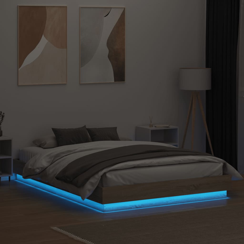 Bedframe Met Led-Verlichting Sonoma Eikenkleurig 140X200 Cm Blauw