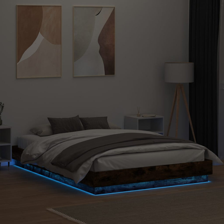 Bedframe Met Led-Verlichting Gerookt Eikenkleurig 140X200 Cm Blauw