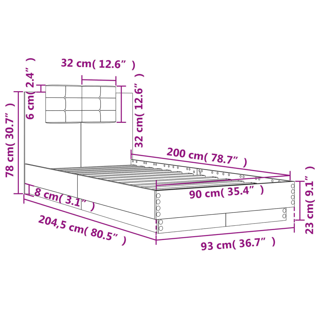 Bedframe met hoofdbord bewerkt hout wit 90x200 cm