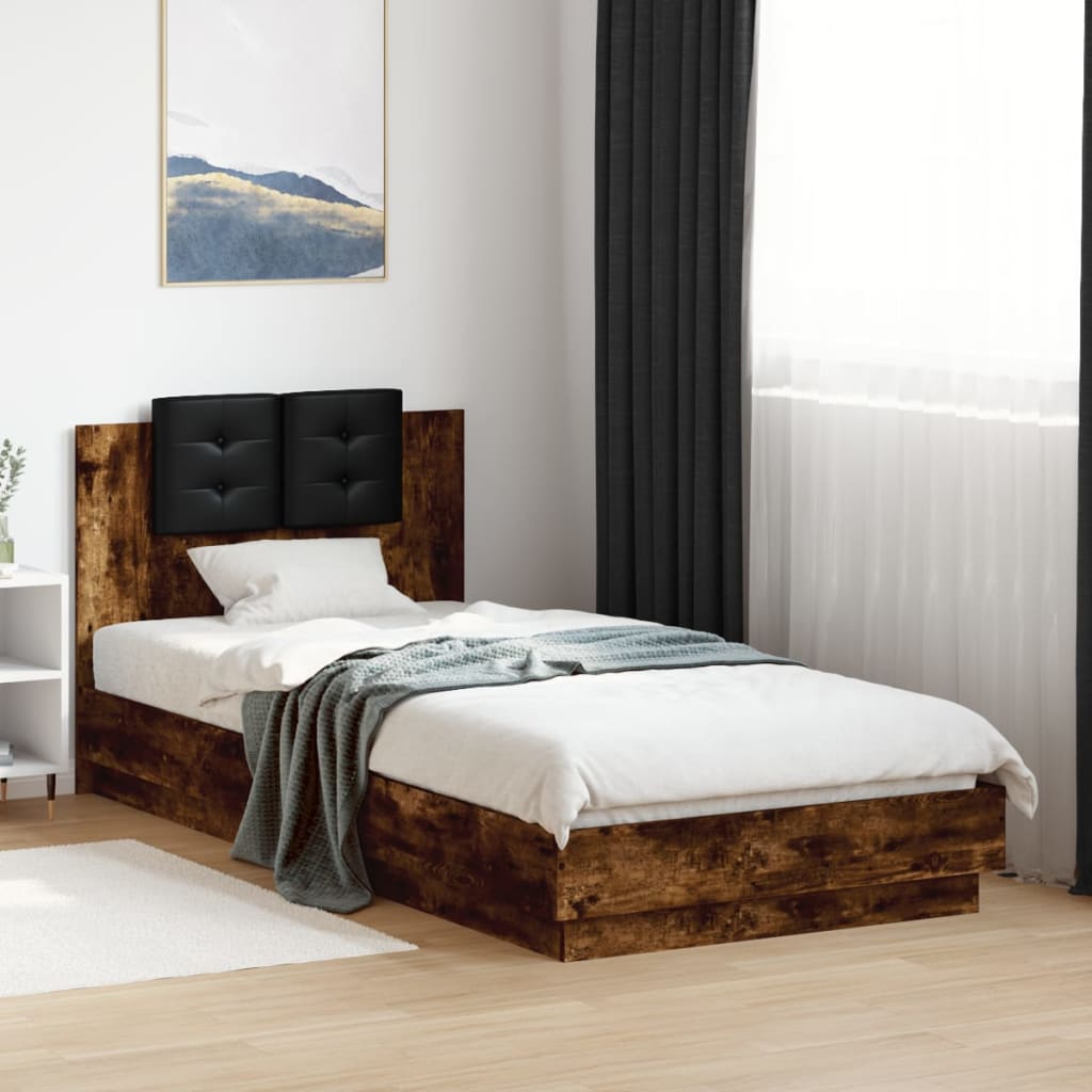 Bedframe met hoofdeinde bewerkt hout gerookt eiken 90x200 cm