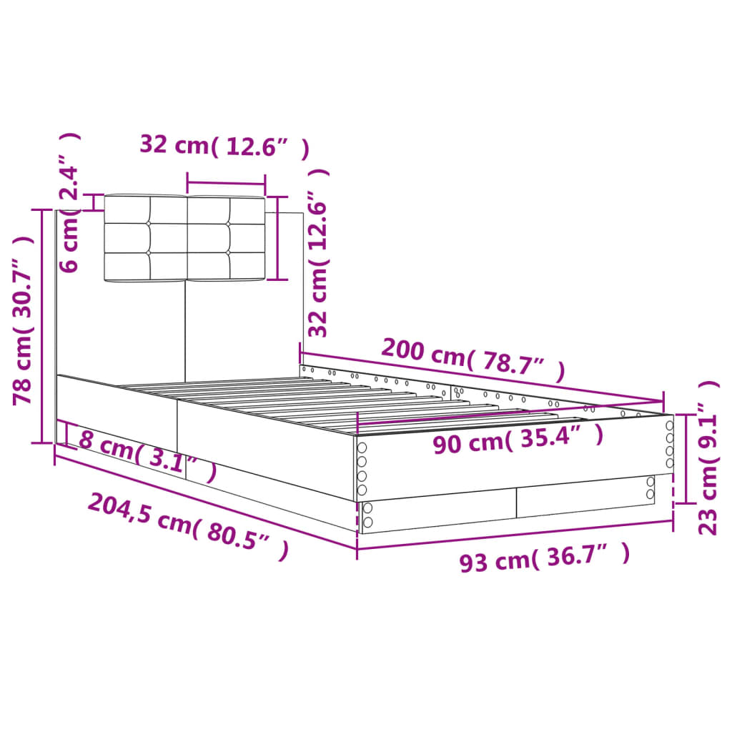 Bedframe met hoofdeinde bewerkt hout gerookt eiken 90x200 cm