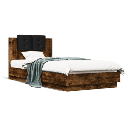 Bedframe met hoofdeinde bewerkt hout gerookt eiken 90x200 cm