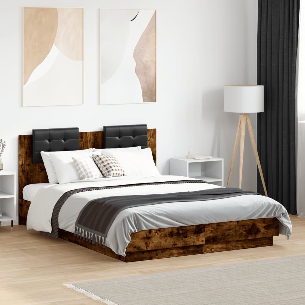 Bedframe met hoofdeinde bewerkt hout gerookt eiken 120x190 cm