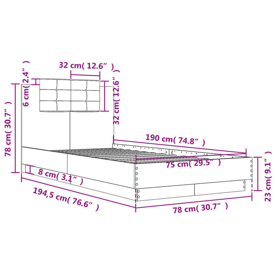 Bedframe Met Hoofdbord Bewerkt Hout Wit 75X190 Cm