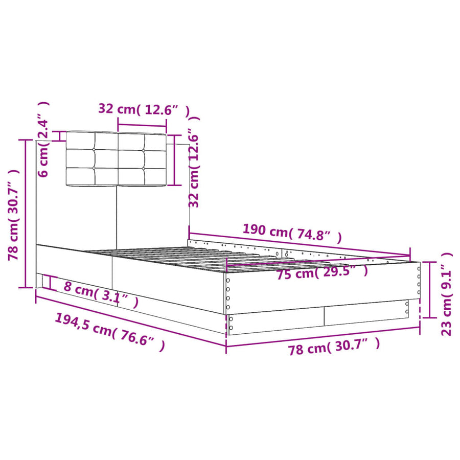 Bedframe Met Hoofdbord Bewerkt Hout Grijs Sonoma 75X190 Cm