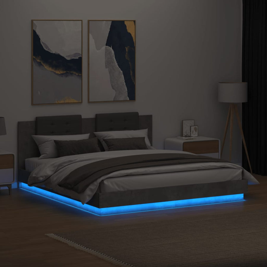 Bedframe Met Hoofdbord En Led-Verlichting 200 x 200 cm Betongrijs