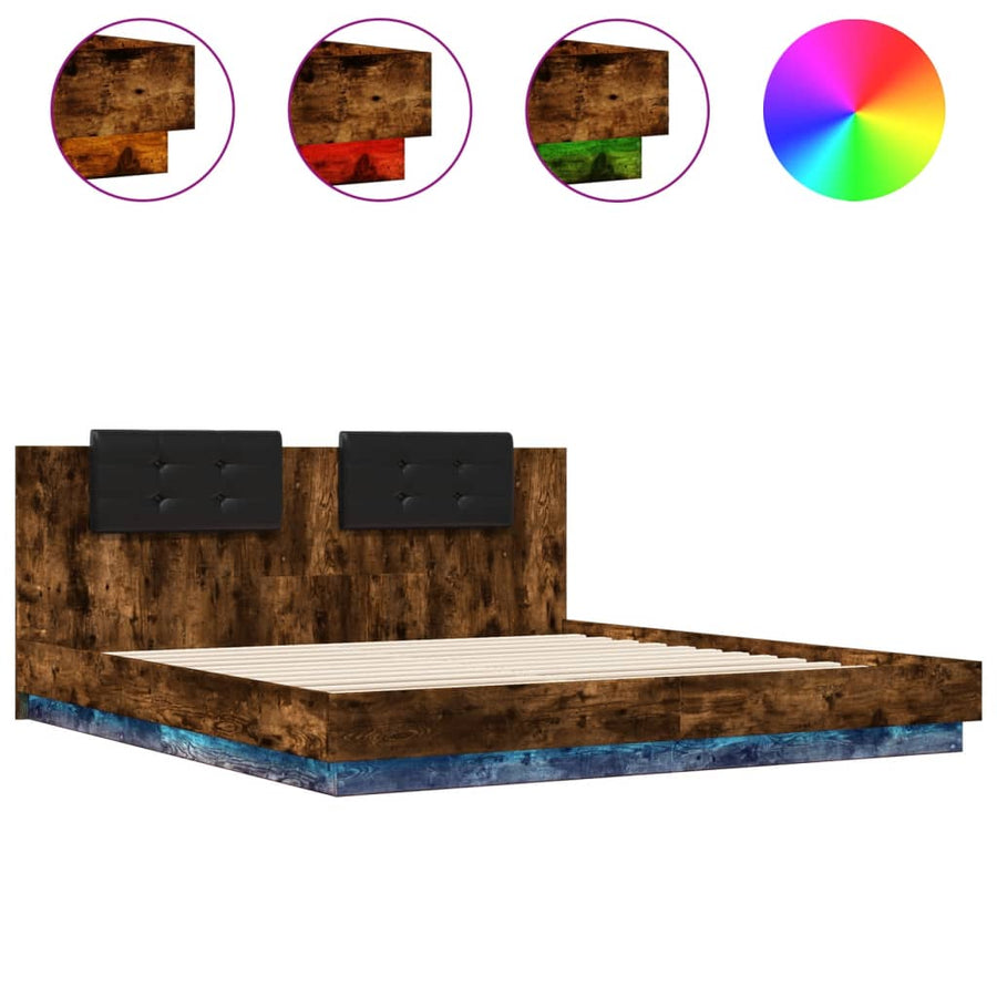 Bedframe Met Hoofdbord En Led Kleur 200 x 200 cm Gerookt eiken