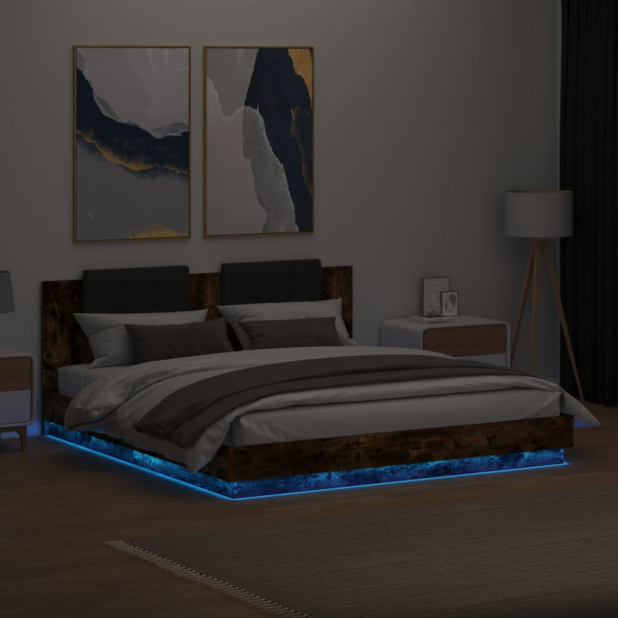 Bedframe Met Hoofdbord En Led Kleur 200 x 200 cm Gerookt eiken