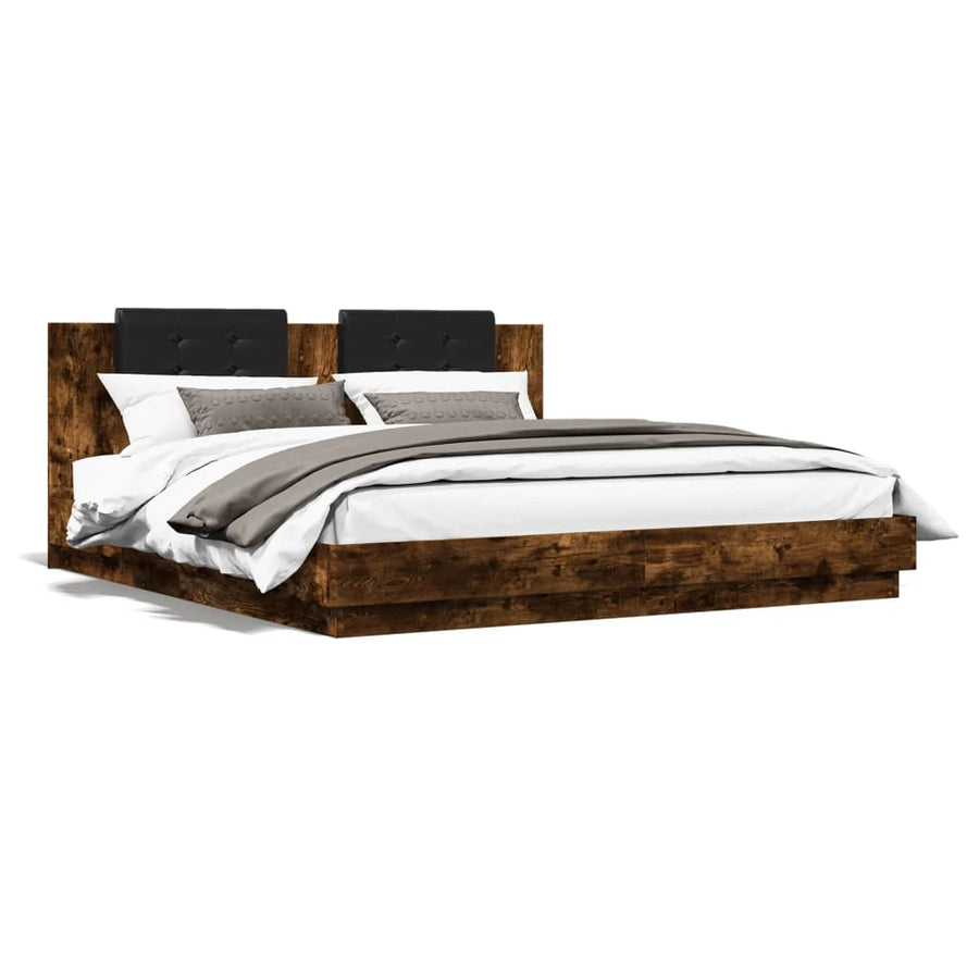 Bedframe Met Hoofdbord En Led Kleur 200 x 200 cm Gerookt eiken