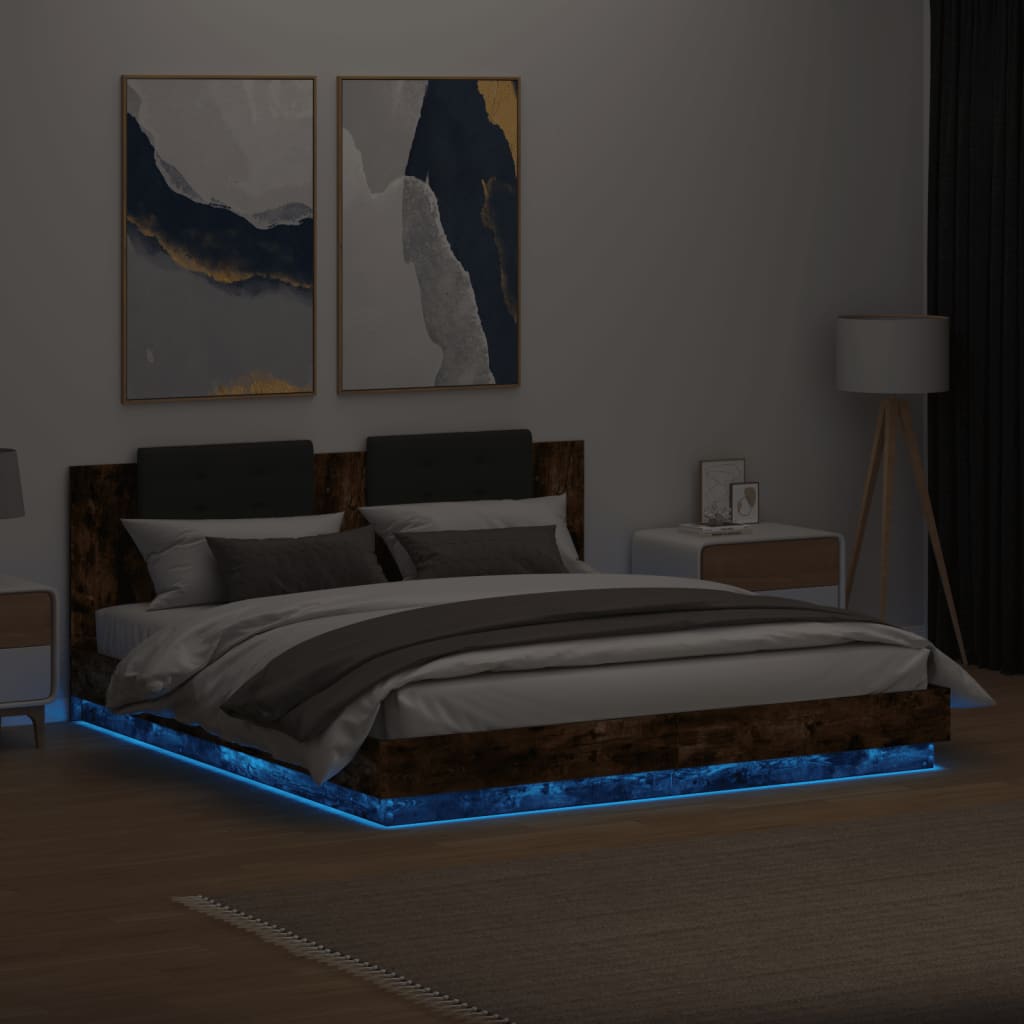 Bedframe Met Hoofdbord En Led Kleur 180 x 200 cm Gerookt eiken