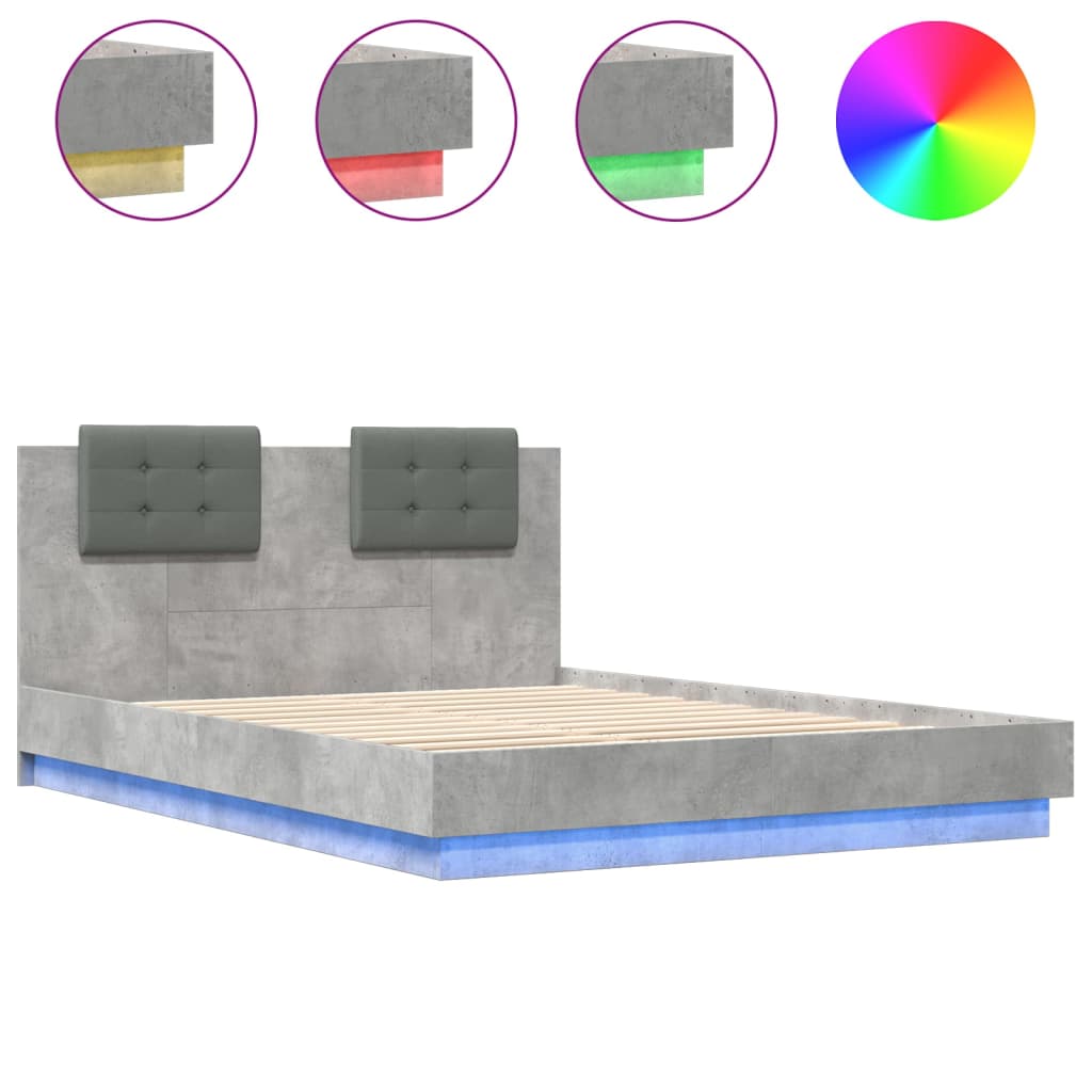 Bedframe Met Hoofdbord En Led-Verlichting Betongrijs 150X200 Cm