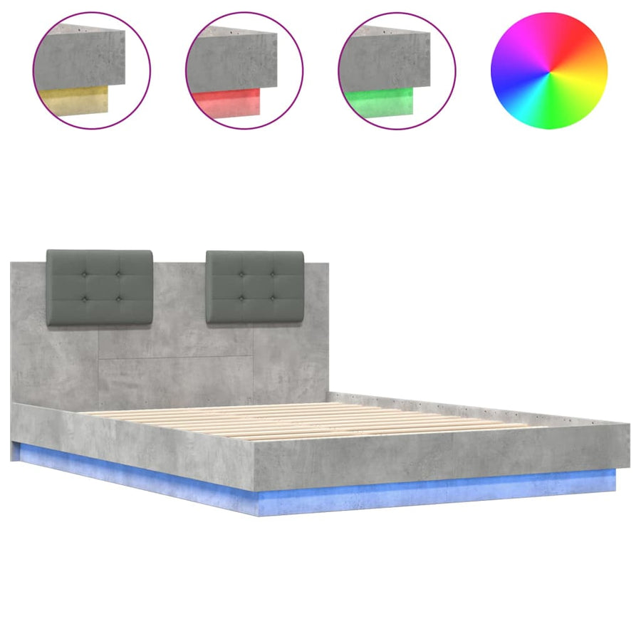 Bedframe Met Hoofdbord En Led-Verlichting Betongrijs 150X200 Cm