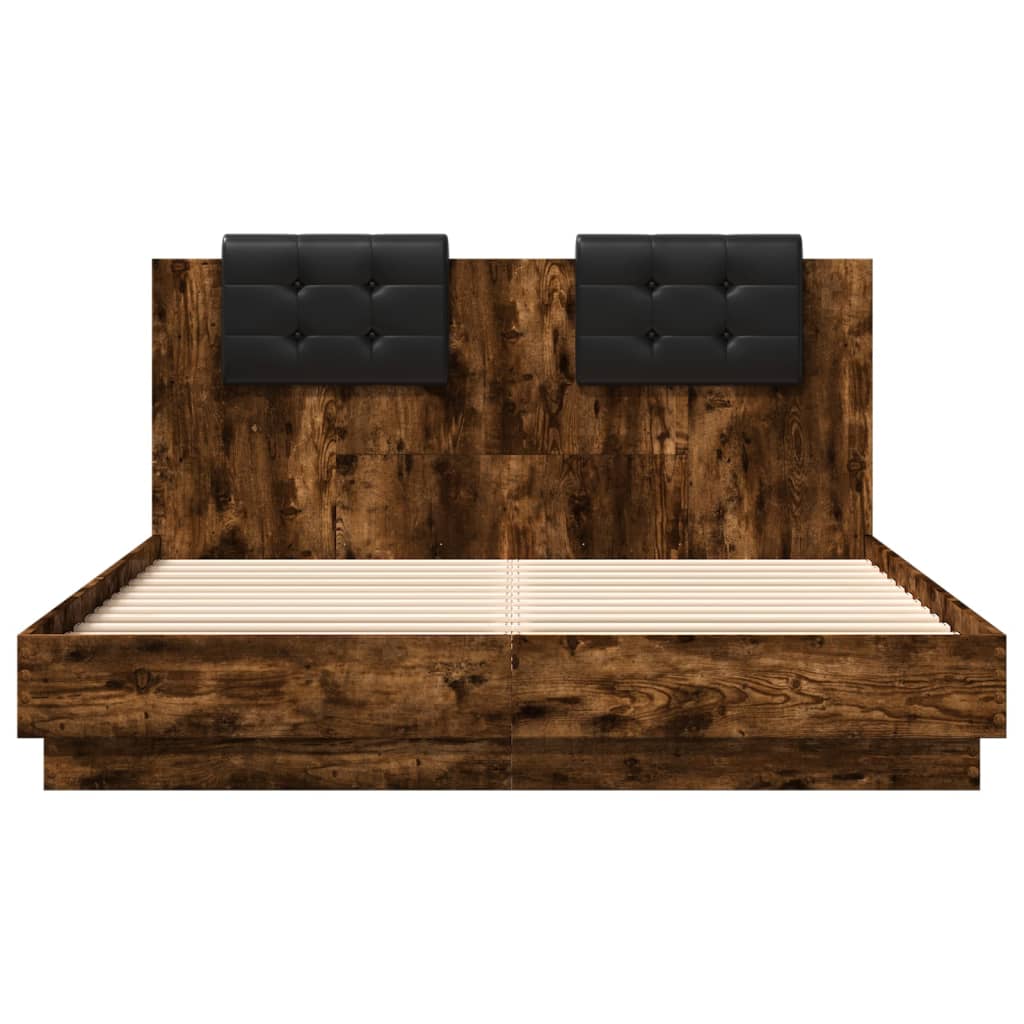 Bedframe Met Hoofdbord En Led Kleur 150 x 200 cm Gerookt eiken
