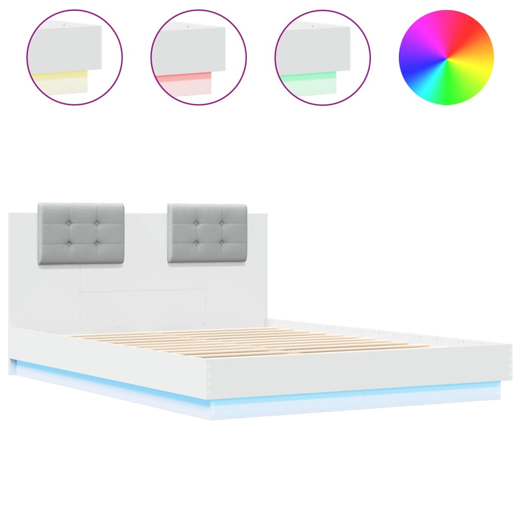 Bedframe met hoofdbord en LED-verlichting wit 140x200 cm