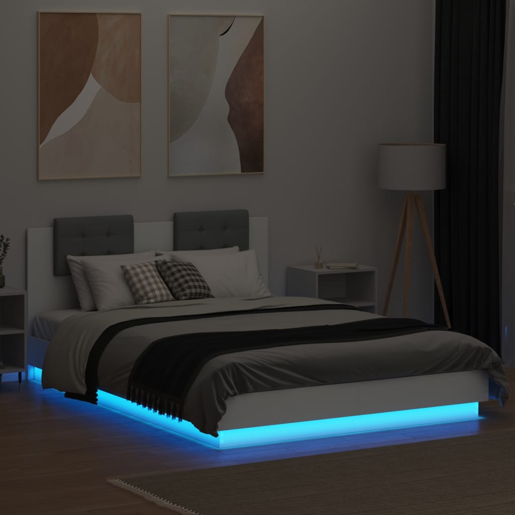 Bedframe met hoofdbord en LED-verlichting wit 140x200 cm