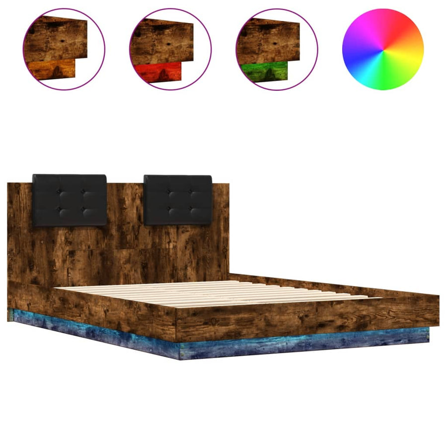 Bedframe Met Hoofdbord En Led Kleur 140 x 200 cm Gerookt eiken