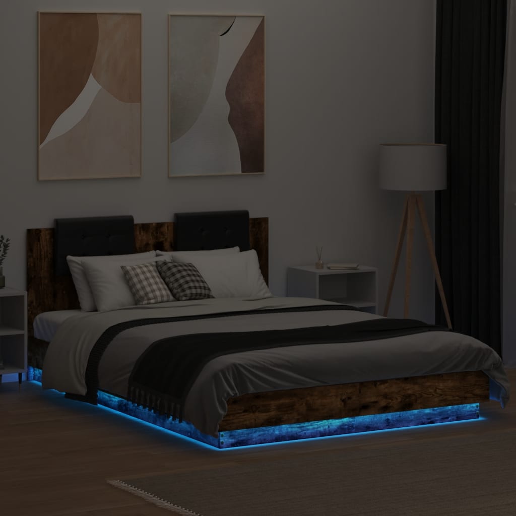 Bedframe Met Hoofdbord En Led Kleur 140 x 200 cm Gerookt eiken