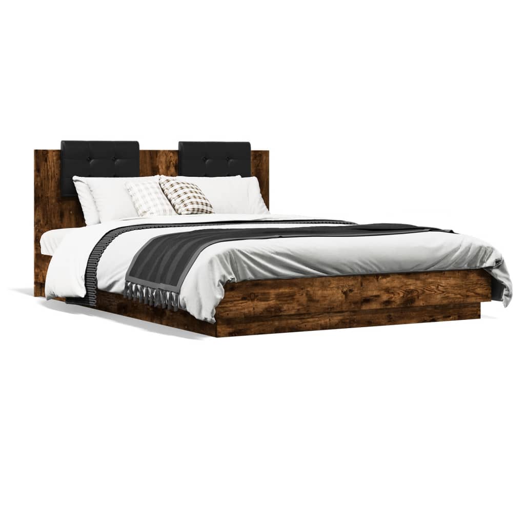Bedframe Met Hoofdbord En Led Kleur 140 x 200 cm Gerookt eiken