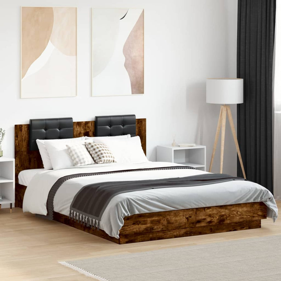 Bedframe Met Hoofdbord En Led Kleur 140 x 200 cm Gerookt eiken