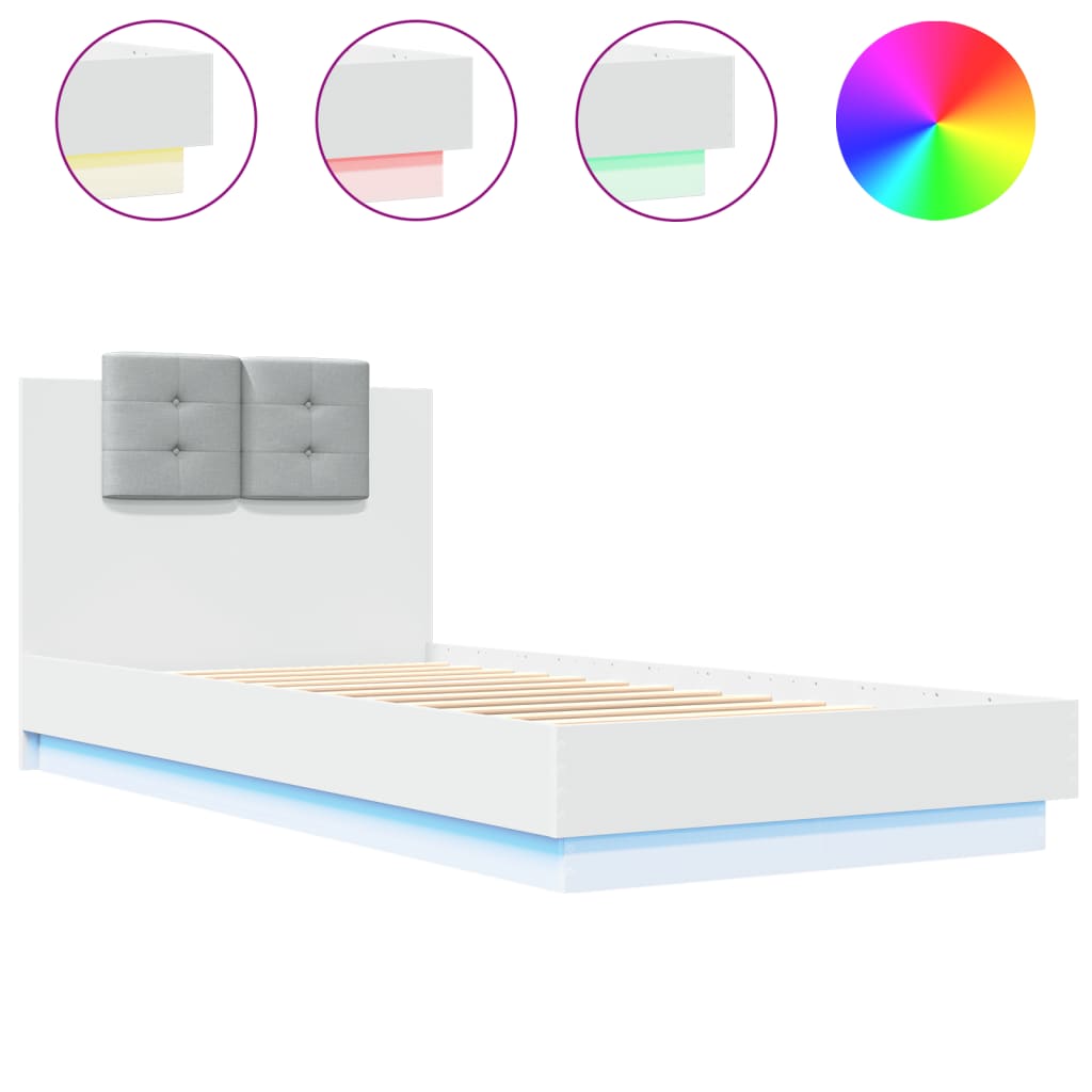 Bedframe Met Hoofdbord En Led-Verlichting Wit 90X200 Cm
