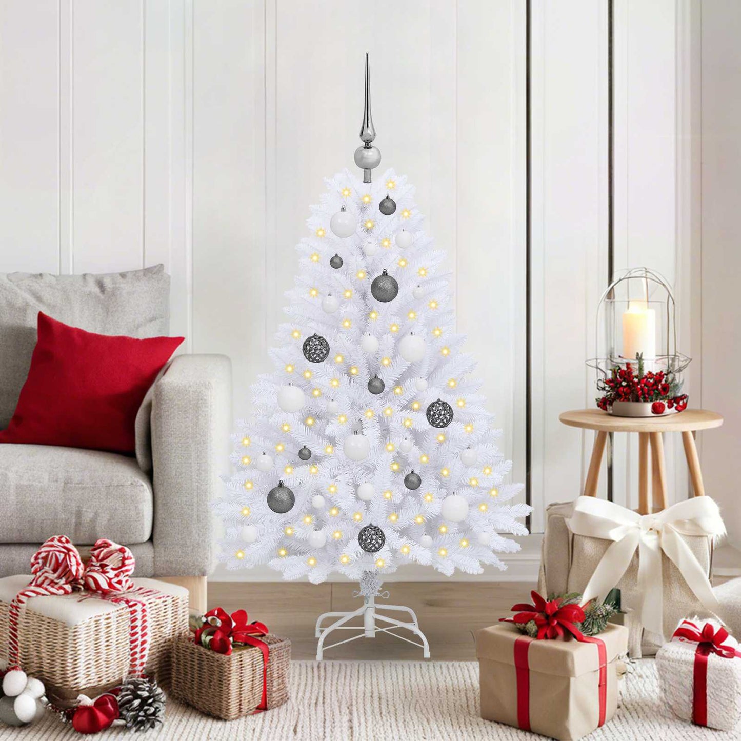 Kunstkerstboom 68 X 68 X Pvc En Metaal Wit 120 cm met LED's en witte/grijze ballen