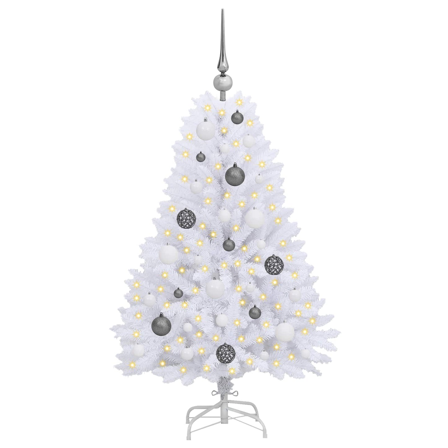 Kunstkerstboom 68 X 68 X Pvc En Metaal Wit 120 cm met LED's en witte/grijze ballen