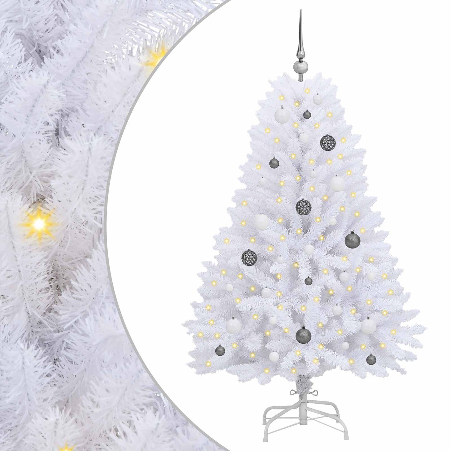 Kunstkerstboom 80 X 80 X Pvc En Metaal Wit 150 cm met LED's en witte/grijze ballen