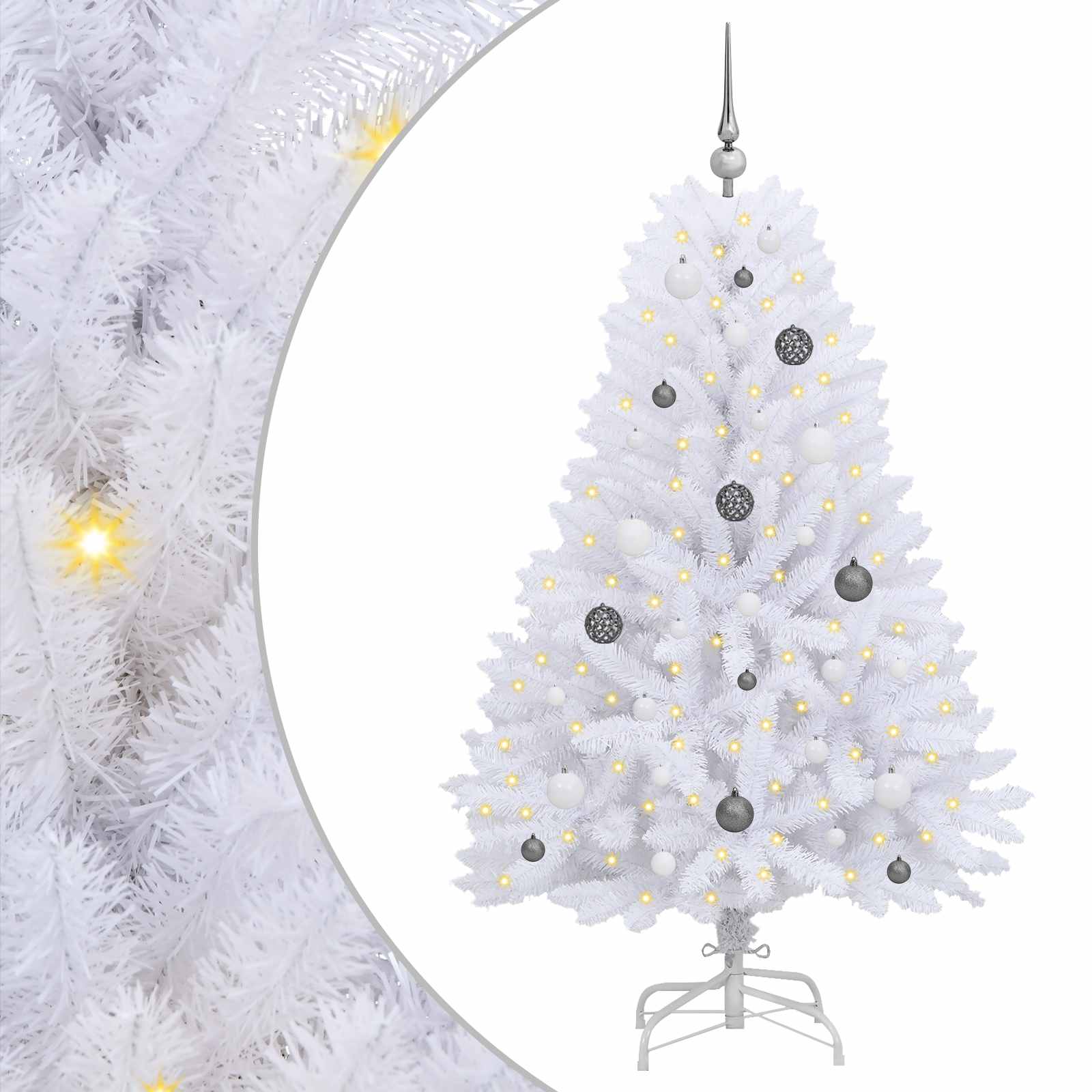 Kunstkerstboom 80 X 80 X Pvc En Metaal Wit 150 cm met LED's en witte/grijze ballen