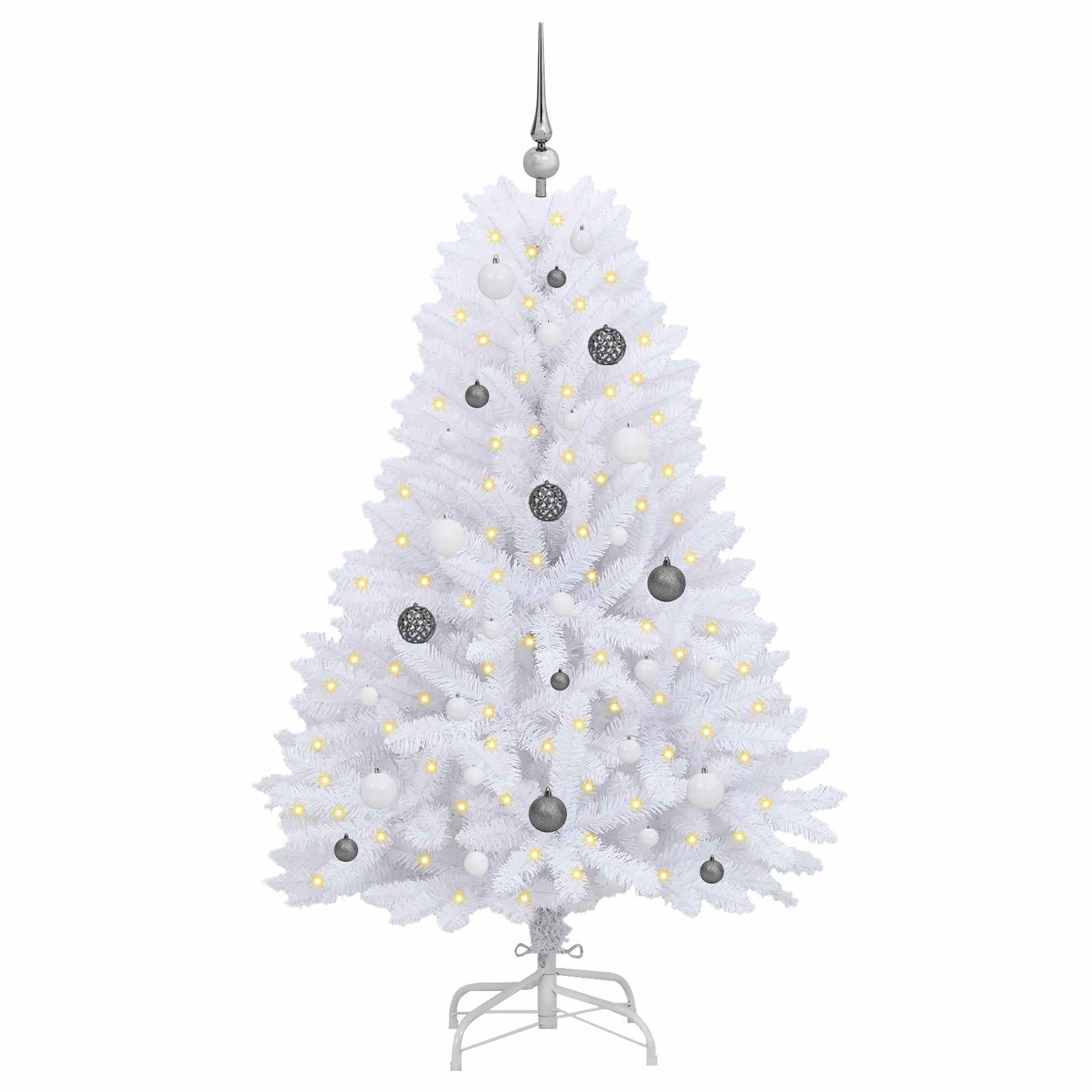 Kunstkerstboom 80 X 80 X Pvc En Metaal Wit 150 cm met LED's en witte/grijze ballen