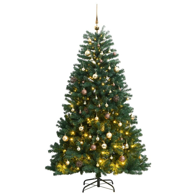 Kunstkerstboom Met Scharnieren 300 Led's En Kerstballen Groen 240 cm met LED's en goudkleurige ballen