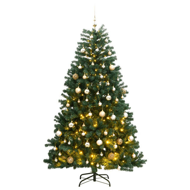 Kunstkerstboom Met Scharnieren 300 Led's En Kerstballen Groen 210 cm met LED's en roségoudkleurige ballen