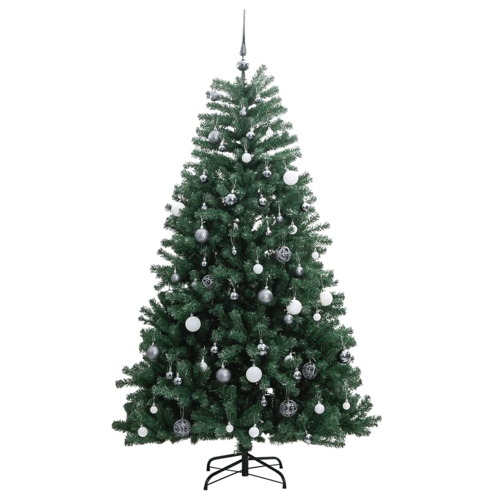 Kunstkerstboom Met Scharnieren 300 Led's En Kerstballen Groen 180 cm met LED's en witte ballen