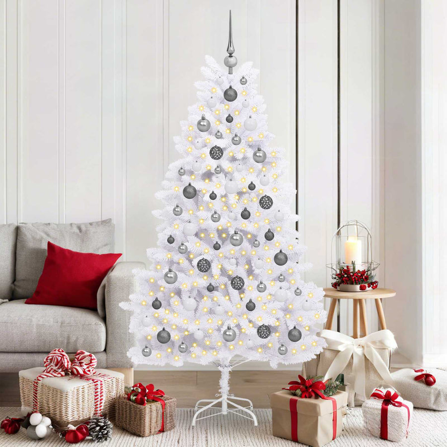 Kunstkerstboom 90 X 90 X Pvc En Metaal Wit 180 cm met LED's en witte/grijze ballen