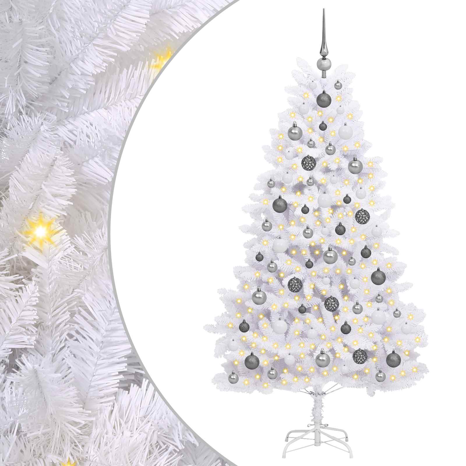 Kunstkerstboom 90 X 90 X Pvc En Metaal Wit 180 cm met LED's en witte/grijze ballen