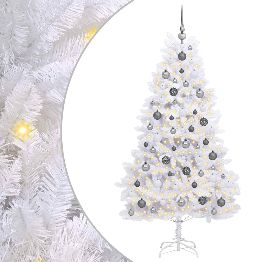 Kunstkerstboom 90 X 90 X Pvc En Metaal Wit 180 cm met LED's en witte/grijze ballen