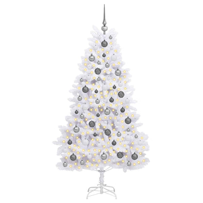 Kunstkerstboom 90 X 90 X Pvc En Metaal Wit 180 cm met LED's en witte/grijze ballen