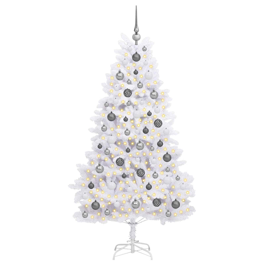 Kunstkerstboom 90 X 90 X Pvc En Metaal Wit 180 cm met LED's en witte/grijze ballen